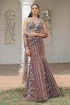 Buy_Label Astha Chhabra_Brown Net Sequins, Beads Designer Pre-draped Saree And Blouse Set _at_Aza_Fashions