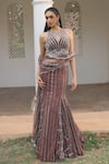 Shop_Label Astha Chhabra_Brown Net Sequins, Beads Designer Pre-draped Saree And Blouse Set _Online_at_Aza_Fashions