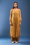 Samyukta Singhania_Mustard Chanderi Cotton Embroidery, Mirrors Round Neck Kurta Set _Online_at_Aza_Fashions
