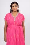 Mamicha_Pink Satin, Crepe Embroidery V-neck Antiquated Dress With Belt _at_Aza_Fashions