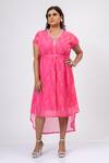 Buy_Mamicha_Pink Satin, Crepe Embroidery V-neck Antiquated Dress With Belt _at_Aza_Fashions
