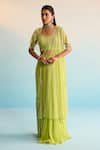 Buy_House Of Armuse_Green Chiffon Pearls, Sequins Scoop Neck Lime Minali Pre-draped Saree Set _at_Aza_Fashions