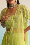 House Of Armuse_Green Chiffon Pearls, Sequins Scoop Neck Lime Minali Pre-draped Saree Set _at_Aza_Fashions