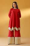 Shop_Palak & Mehak_Red Chanderi Zari Round Neck Kurta Sharara Set _at_Aza_Fashions