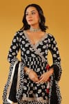 Palak & Mehak_Black Crepe Tassels, Embroidery V-neck Floral Print Angarkha Set _Online_at_Aza_Fashions