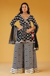 Shop_Palak & Mehak_Black Crepe Tassels, Embroidery V-neck Floral Print Angarkha Set _Online_at_Aza_Fashions
