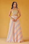 Palak & Mehak_Yellow Chanderi, Crepe Open Neck Multi Color Striped Crop Top And Skirt Set _Online_at_Aza_Fashions