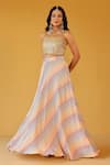 Shop_Palak & Mehak_Yellow Chanderi, Crepe Open Neck Multi Color Striped Crop Top And Skirt Set _Online_at_Aza_Fashions