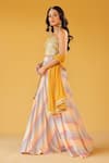 Palak & Mehak_Yellow Chanderi, Crepe Open Neck Multi Color Striped Crop Top And Skirt Set _at_Aza_Fashions