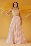 Buy_Palak & Mehak_Yellow Chanderi, Crepe Open Neck Multi Color Striped Crop Top And Skirt Set 