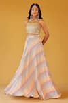 Buy_Palak & Mehak_Yellow Chanderi, Crepe, Cotton Open Neck, Multi Color Striped Tunic And Skirt Set _Online_at_Aza_Fashions