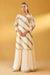 Shop_Palak & Mehak_Off White Chanderi Zari Round Neck Striped Kurta Sharara Set _at_Aza_Fashions