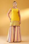 Palak & Mehak_Yellow Chanderi, Crepe Embroidery Round Neck Kurta Set _Online_at_Aza_Fashions