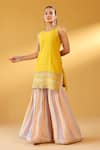 Shop_Palak & Mehak_Yellow Chanderi, Crepe Embroidery Round Neck Kurta Set _at_Aza_Fashions