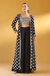 Buy_Palak & Mehak_Black Crepe Embroidery Open , Square Floral Print Jacket And Pant Set _at_Aza_Fashions