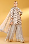 Palak & Mehak_Cream Crepe Tassels V-neck Floral Angarkha Set _Online_at_Aza_Fashions