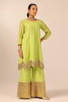 Palak & Mehak_Green Chanderi Zari Round Neck Kurta Sharara Set _Online_at_Aza_Fashions
