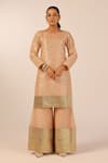 Shop_Palak & Mehak_Beige Chanderi Sequins, Zari Round Neck Embroidered Kurta Set _at_Aza_Fashions