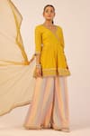 Buy_Palak & Mehak_Yellow Crepe Tassels, Embroidery V-neck Angarkha Palazzo Set _Online_at_Aza_Fashions