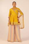 Buy_Palak & Mehak_Yellow Crepe Tassels, Embroidery V-neck Angarkha Palazzo Set _at_Aza_Fashions