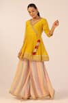 Shop_Palak & Mehak_Yellow Crepe Tassels, Embroidery V-neck Angarkha Palazzo Set _at_Aza_Fashions