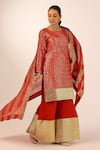 Shop_Palak & Mehak_Red Chanderi Embroidery, Zari Round Neck Kurta Sharara Set _Online_at_Aza_Fashions