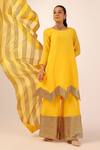 Shop_Palak & Mehak_Yellow Chanderi Zari Round Neck Kurta Sharara Set _Online_at_Aza_Fashions