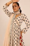 Palak & Mehak_Cream Chanderi Zari, Tassels V-neck Floral Print Anarkali Set _at_Aza_Fashions