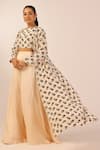 Palak & Mehak_Beige Crepe Round Neck Floral Print Jacket And Crop Top Set _at_Aza_Fashions