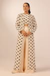 Shop_Palak & Mehak_Beige Crepe Round Neck Floral Print Jacket And Crop Top Set _at_Aza_Fashions