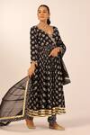 Buy_Palak & Mehak_Black Chanderi Zari V-neck Floral Anarkali Set _at_Aza_Fashions