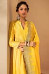 Roohbyridhimaa_Mustard Viscose, Silk, Organza Zari Split V-neck Embroidered Kurta Set _Online_at_Aza_Fashions