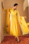 Shop_Roohbyridhimaa_Mustard Viscose, Silk, Organza Zari Split V-neck Embroidered Kurta Set _Online_at_Aza_Fashions