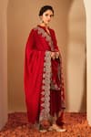 Roohbyridhimaa_Red Viscose, Organza Embroidery, Zari Collared Kurta Set _at_Aza_Fashions
