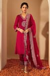 Buy_Roohbyridhimaa_Fuchsia Silk Organza Zari, Sequins V-neck Pink Embroidered Kurta Set _at_Aza_Fashions