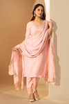 Roohbyridhimaa_Pink Silk Organza Zari, Sequins V-neck Pastel Embroidered Kurta Set _Online_at_Aza_Fashions