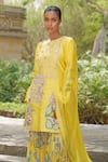 Soniya G_Yellow Silk, Crepe Beads Round Neck Embroidered Kurta Palazzo Set _Online_at_Aza_Fashions