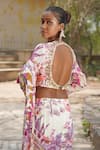 Soniya G_Off White Georgette, Crepe, Chiffon Tassels, Floral Print Pre-draped Saree Set _Online_at_Aza_Fashions