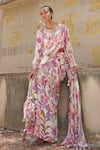 Soniya G_Off White Georgette, Crepe, Chiffon Tassels, Floral Print Pre-draped Saree Set _at_Aza_Fashions