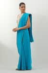 Vinusto_Turquoise Chanderi Round Neck Multi Color Handwoven Saree Set _Online_at_Aza_Fashions