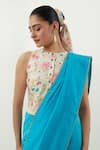 Vinusto_Turquoise Chanderi Round Neck Multi Color Handwoven Saree Set _at_Aza_Fashions