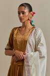 Vinusto_Gold Chanderi Lace, Embroidery V-neck Handwoven Zari Set _Online_at_Aza_Fashions