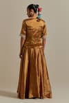 Shop_Vinusto_Gold Chanderi Lace, Embroidery V-neck Handwoven Zari Set _at_Aza_Fashions