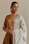 Vinusto_Gold Chanderi Lace, Embroidery V-neck Handwoven Zari Set _at_Aza_Fashions