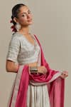 Vinusto_Silver Chanderi Embroidery, Lace V-neck And Hot Pink Designer Lehenga Set _at_Aza_Fashions
