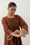 Shop_Vinusto_Brown Chanderi, Cotton Lace Round Neck Handwoven Kurta Set _Online_at_Aza_Fashions