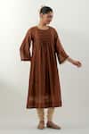 Buy_Vinusto_Brown Chanderi, Cotton Lace Round Neck Handwoven Kurta Set _at_Aza_Fashions