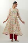 Vinusto_Ivory Chanderi, Cotton Embroidery, Lace V-neck Floral Printed Anarkali Set _at_Aza_Fashions