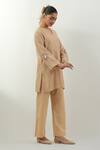 Shop_Vinusto_Beige Chanderi Cotton Lace V-neck Handwoven Kurta And Pant Set _Online_at_Aza_Fashions