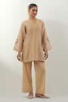 Vinusto_Beige , Cotton Embroidery V-neck Handwoven Kurta Set _Online_at_Aza_Fashions